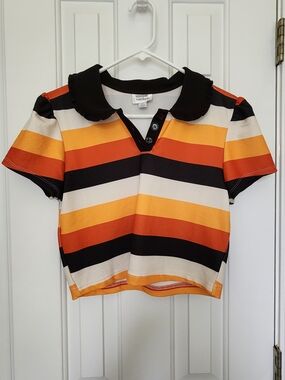 Unique Vintage Black, Orange, Yellow and Cream Striped Crop Top